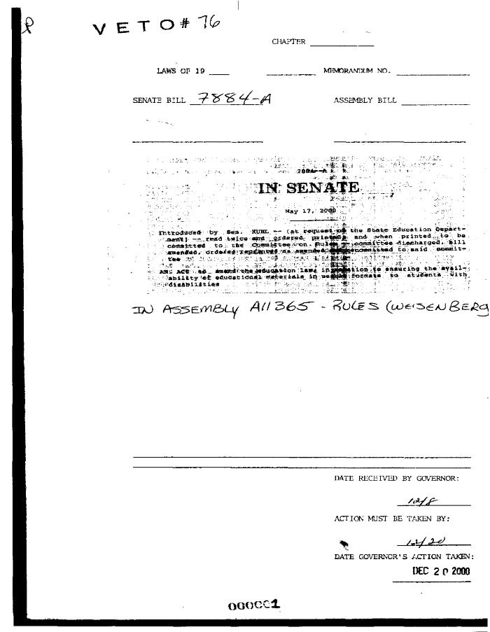 NYS Bill and Veto Jackets: 2000, Veto 76