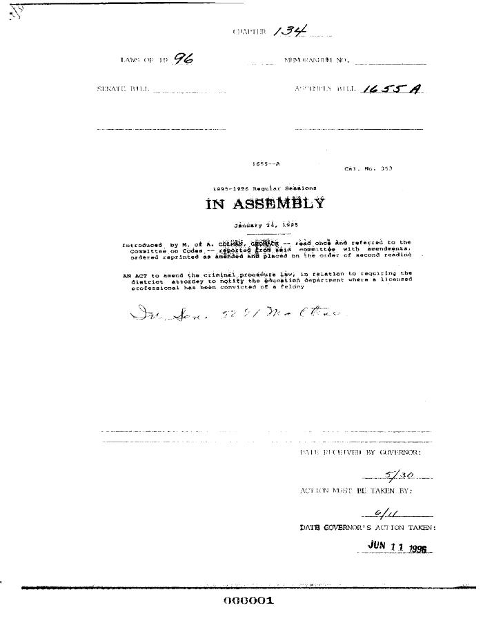 NYS Bill and Veto Jackets: 1996, Chapter 134