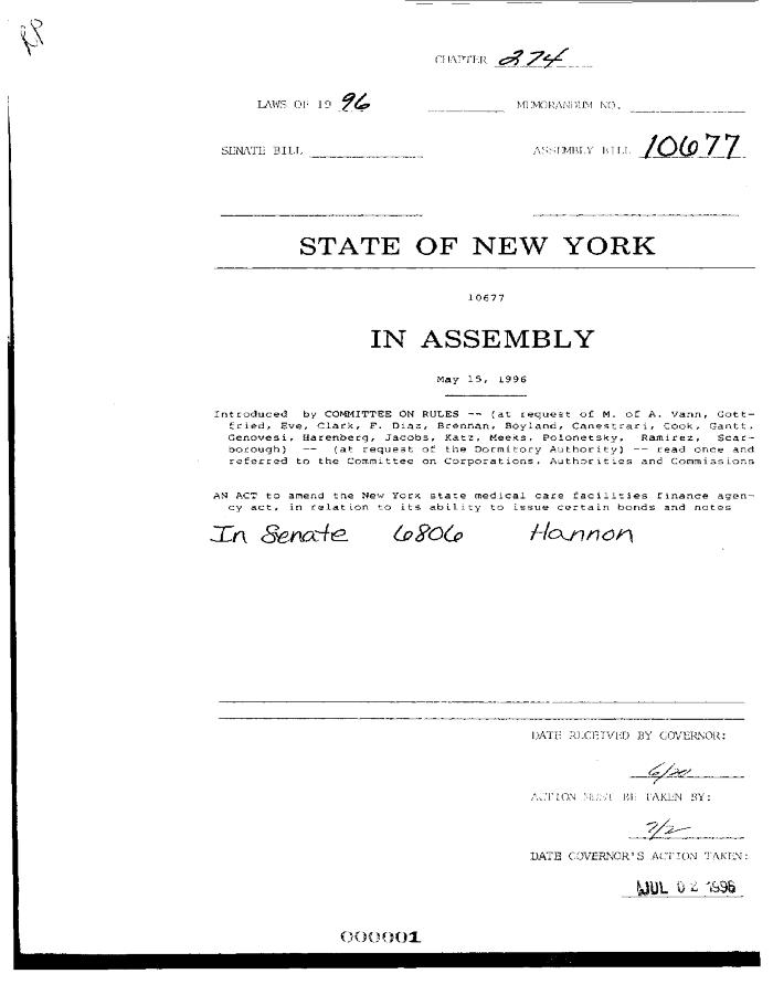 NYS Bill and Veto Jackets: 1996, Chapter 274