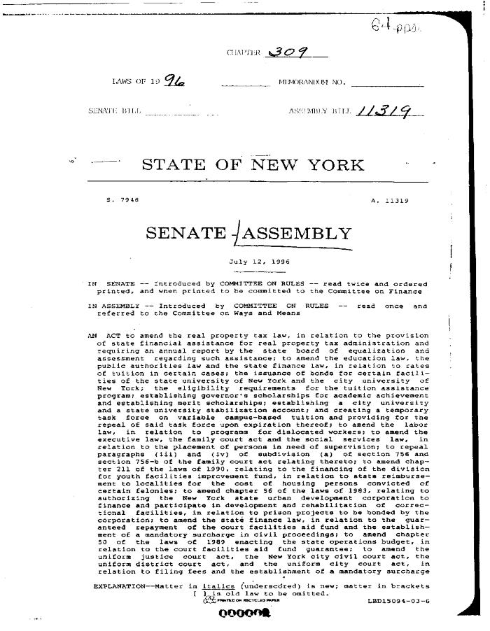 NYS Bill and Veto Jackets: 1996, Chapter 309