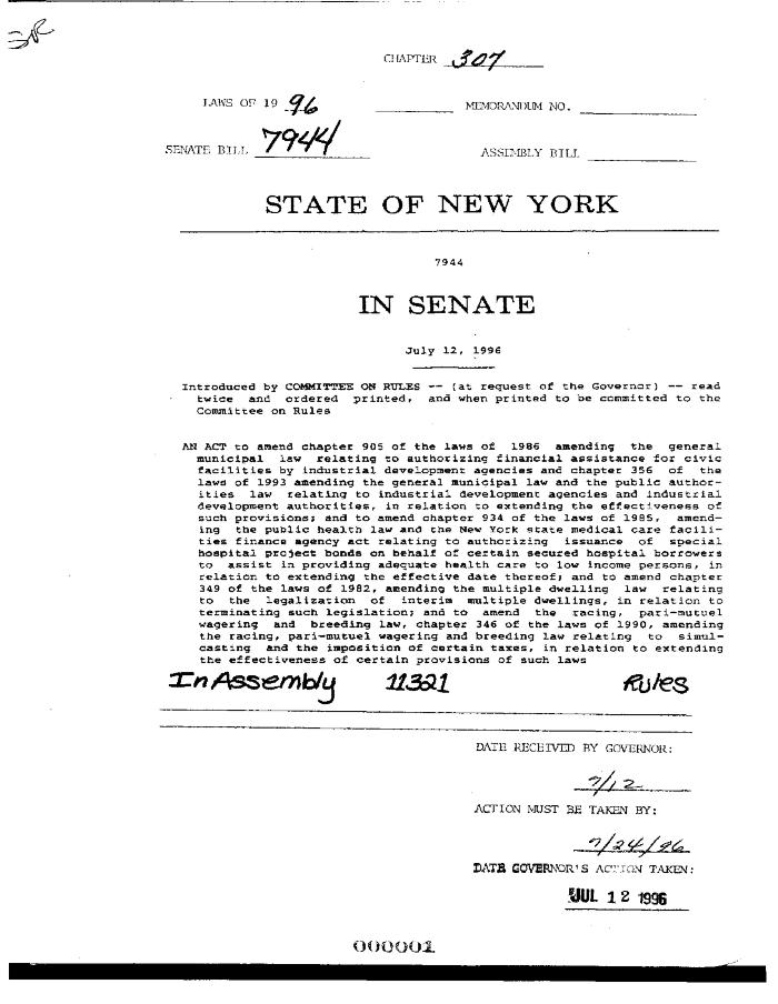 NYS Bill and Veto Jackets: 1996, Chapter 307