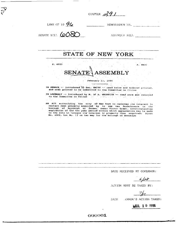 NYS Bill and Veto Jackets: 1996, Chapter 291