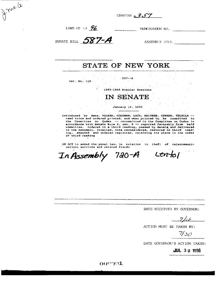 NYS Bill and Veto Jackets: 1996, Chapter 357