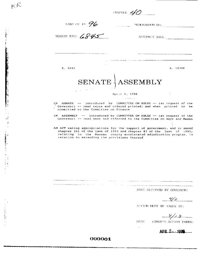 NYS Bill and Veto Jackets: 1996, Chapter 40