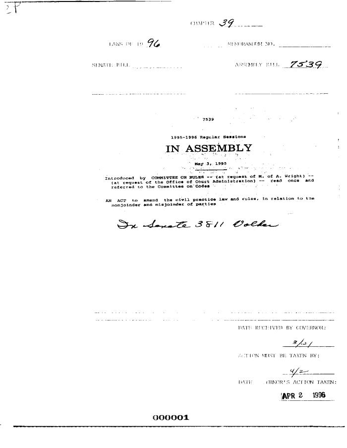 NYS Bill and Veto Jackets: 1996, Chapter 39