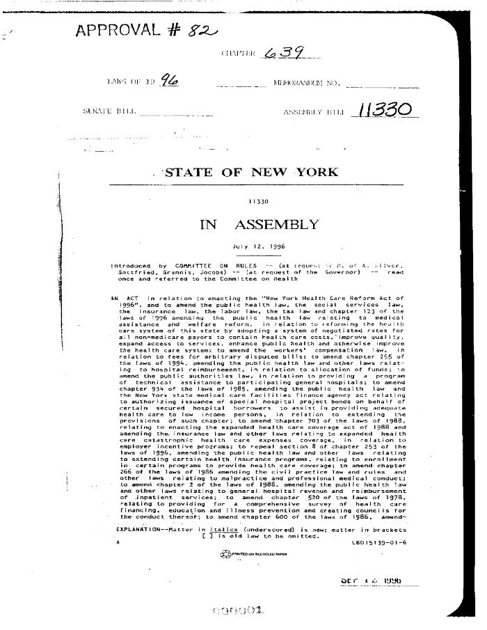 NYS Bill and Veto Jackets: 1996, Chapter 639