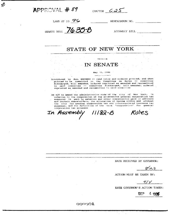 NYS Bill and Veto Jackets: 1996, Chapter 625