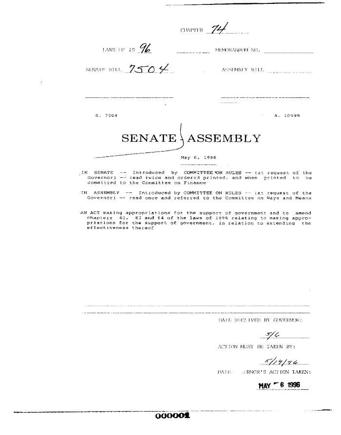 NYS Bill and Veto Jackets: 1996, Chapter 74