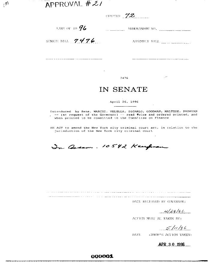 NYS Bill and Veto Jackets: 1996, Chapter 72