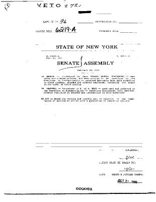 NYS Bill and Veto Jackets: 1996, Veto 72