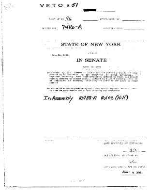 NYS Bill and Veto Jackets: 1996, Veto 51