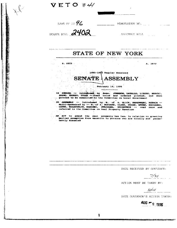 NYS Bill and Veto Jackets: 1996, Veto 41