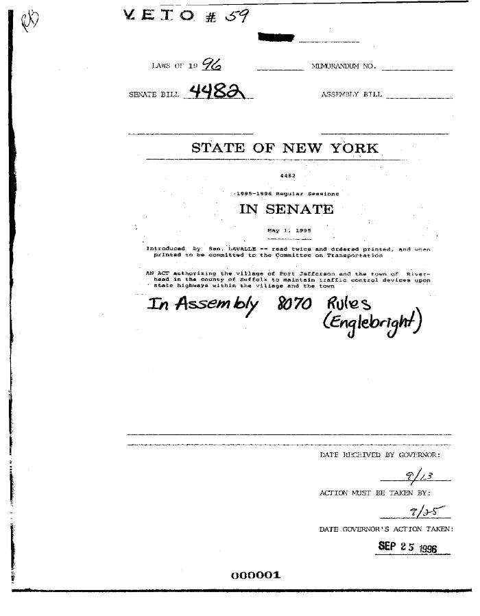 NYS Bill and Veto Jackets: 1996, Veto 59