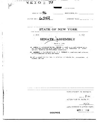 NYS Bill and Veto Jackets: 1996, Veto 73