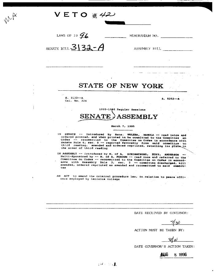 NYS Bill and Veto Jackets: 1996, Veto 42