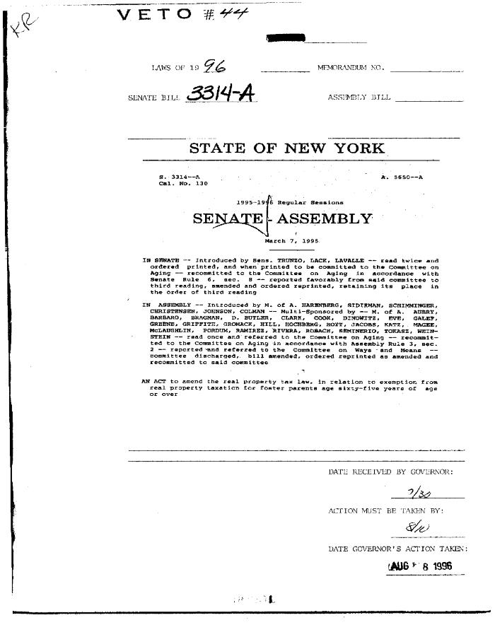 NYS Bill and Veto Jackets: 1996, Veto 44