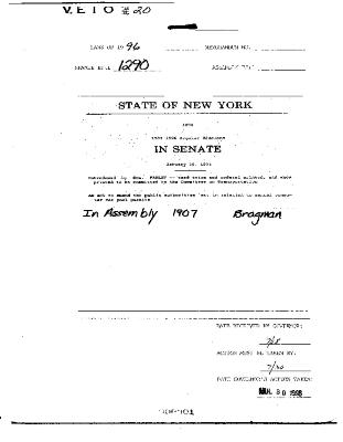 NYS Bill and Veto Jackets: 1996, Veto 20