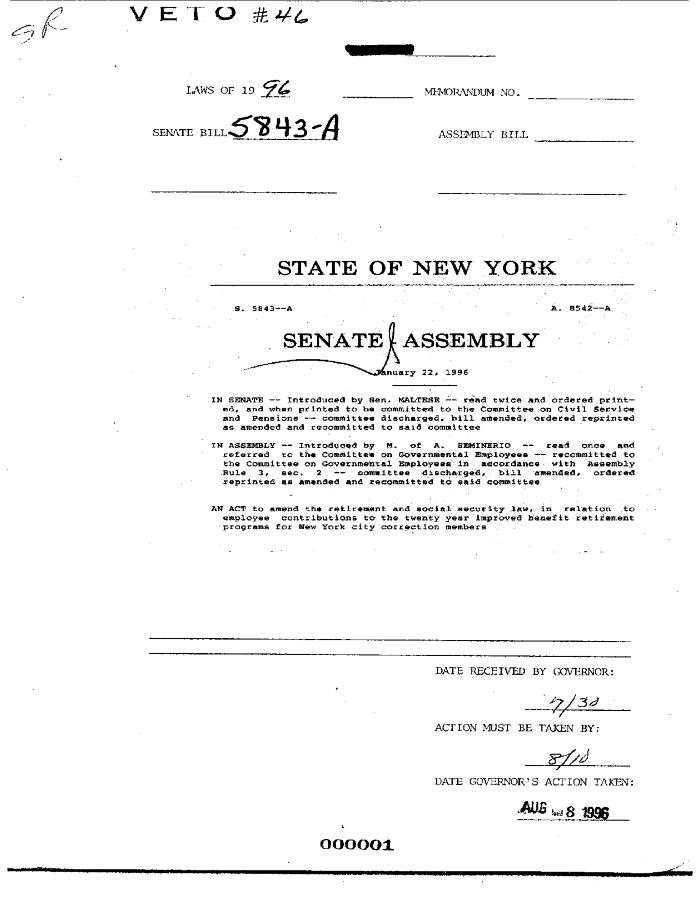 NYS Bill and Veto Jackets: 1996, Veto 46