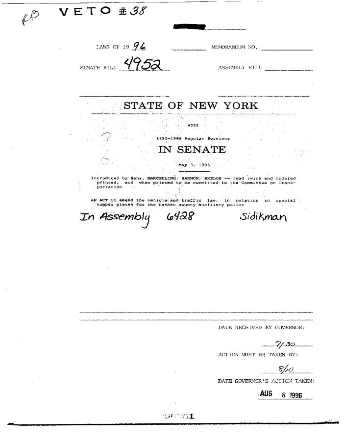NYS Bill and Veto Jackets: 1996, Veto 38