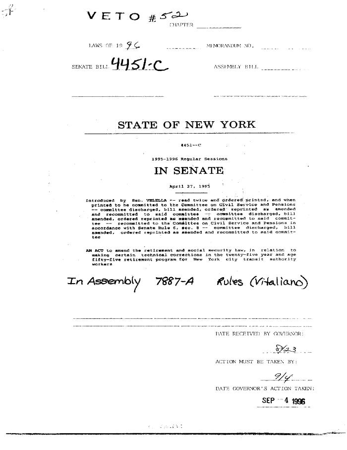 NYS Bill and Veto Jackets: 1996, Veto 52