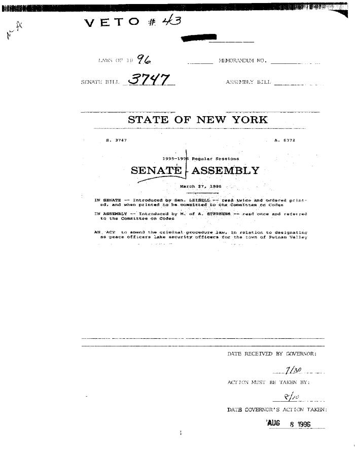 NYS Bill and Veto Jackets: 1996, Veto 43
