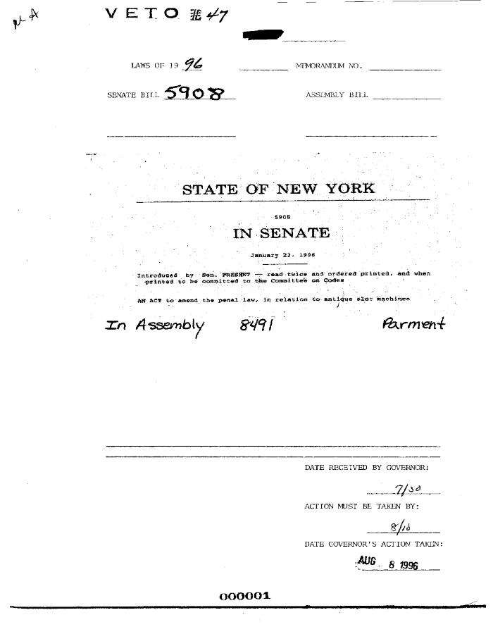 NYS Bill and Veto Jackets: 1996, Veto 47