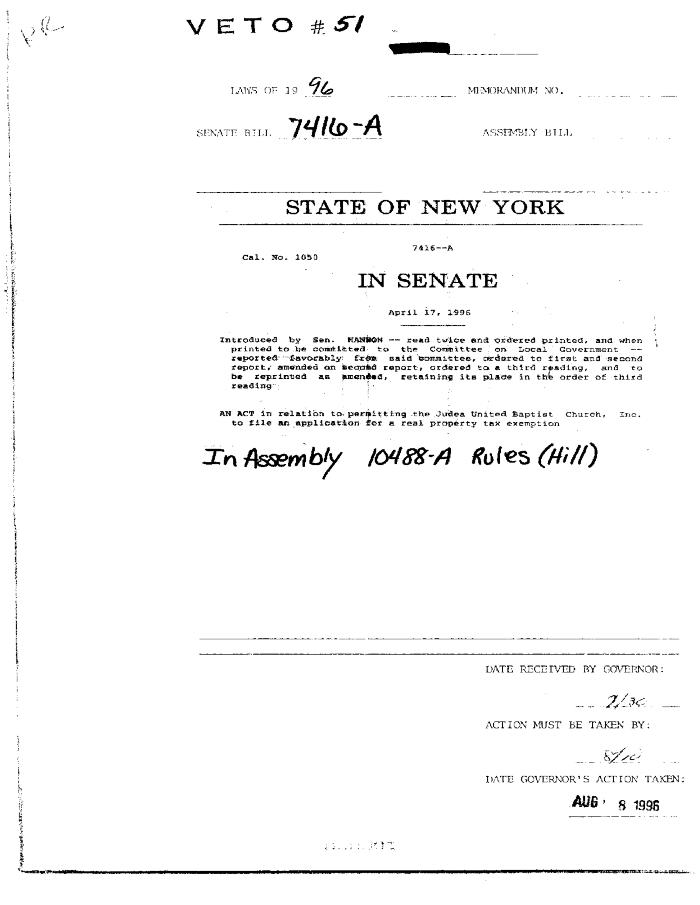 NYS Bill and Veto Jackets: 1996, Veto 51