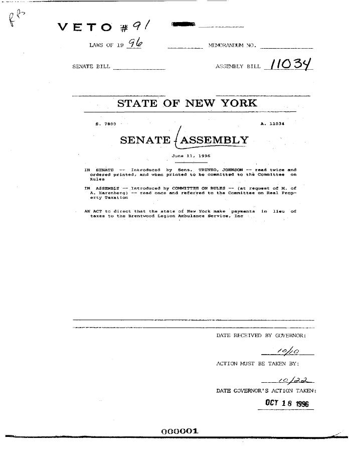 NYS Bill and Veto Jackets: 1996, Veto 91