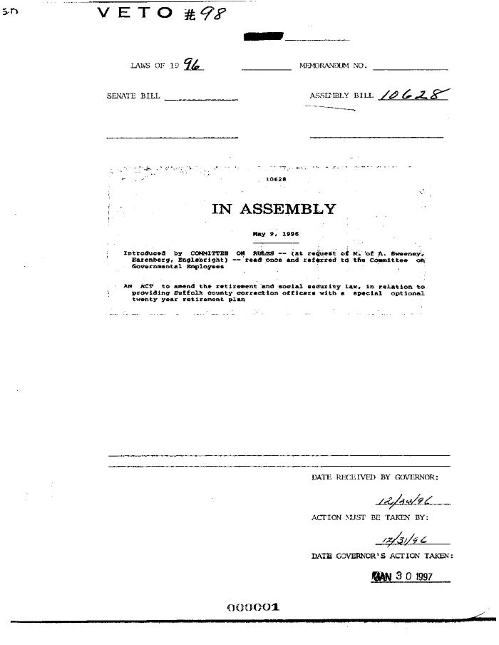 NYS Bill and Veto Jackets: 1996, Veto 98