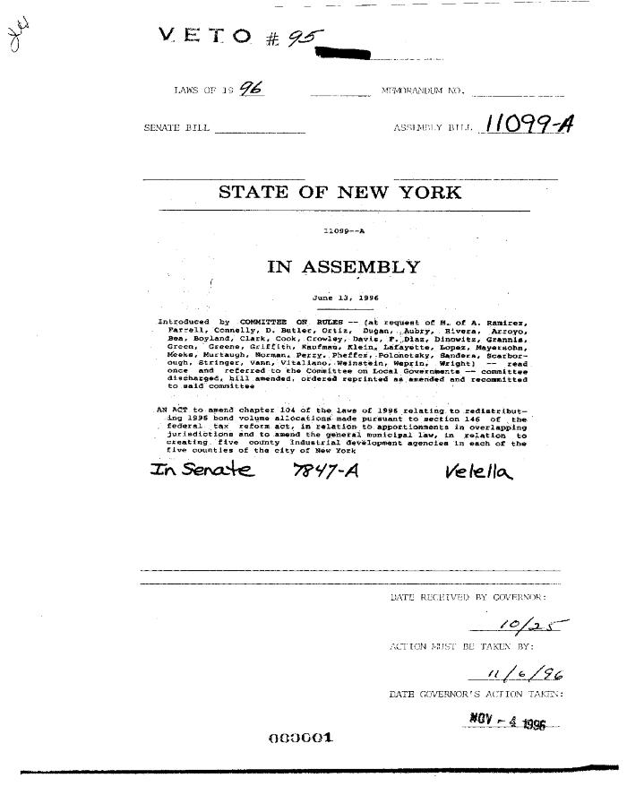 NYS Bill and Veto Jackets: 1996, Veto 95