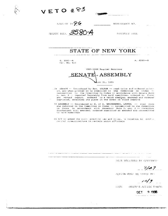 NYS Bill and Veto Jackets: 1996, Veto 83