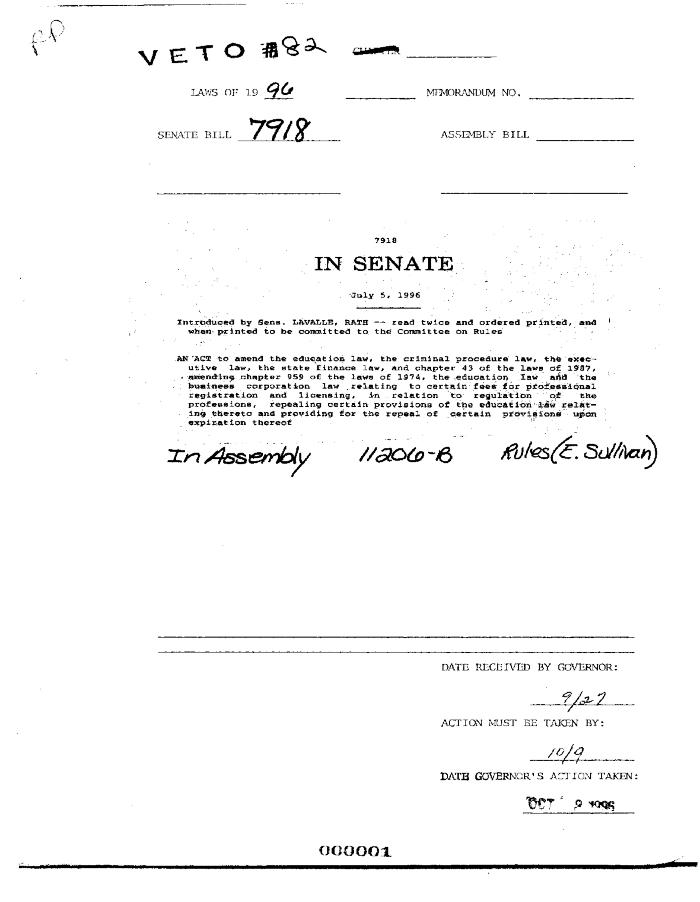 NYS Bill and Veto Jackets: 1996, Veto 82