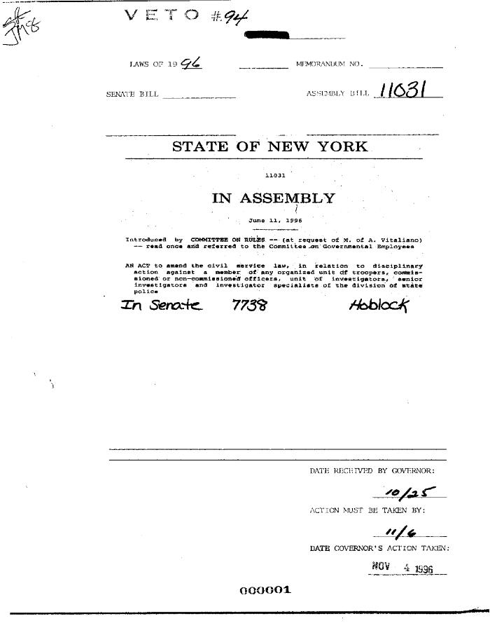 NYS Bill and Veto Jackets: 1996, Veto 94