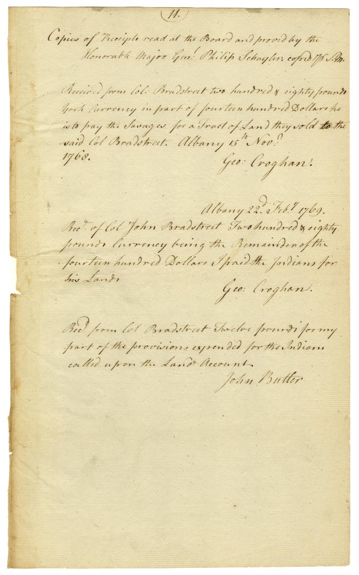 Receipts from George Croghan for land purchased by John Bradstreet, 1769