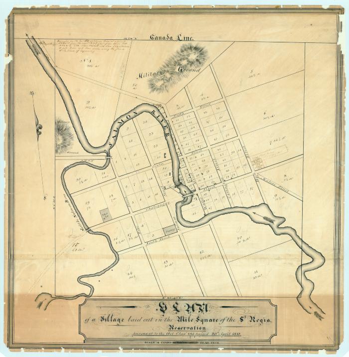 Map of a village laid out in the mile square in the St. Regis Reservation, 1820 