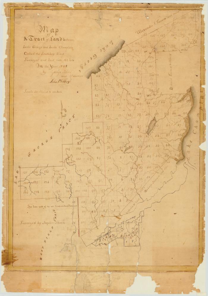 Map of tract of land between Lake George and Lake Champlain called the South Bay Tract. Map #47A