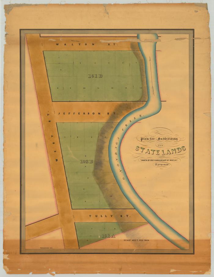 Plan for subdividing the State Lands south of Erie Canal and east of West Street. Map #453