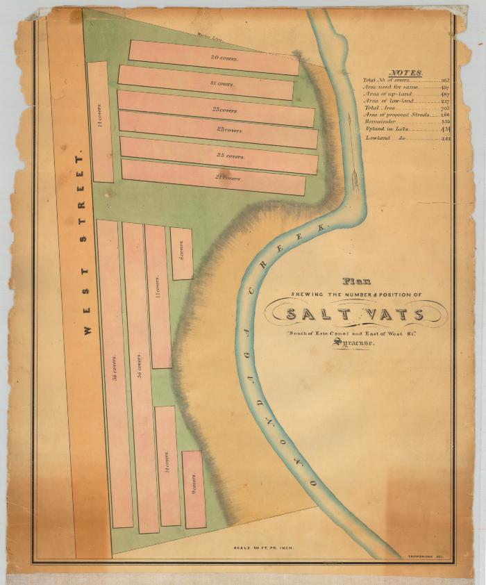 Plan showing the number and position of Salt Vats south of the Erie Canal and East of West St. Syracuse. Map #457