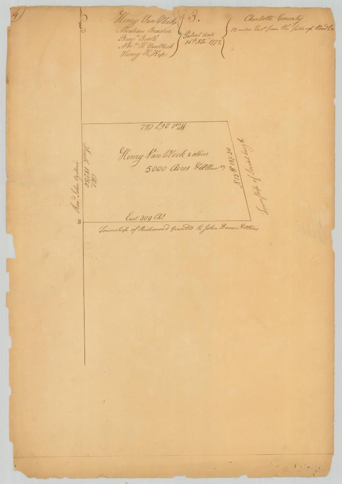 Survey of land for Henry Van Vleek. 5,000 acres on Wood creek, 12 miles east from falls. Charlotte County. Map #602