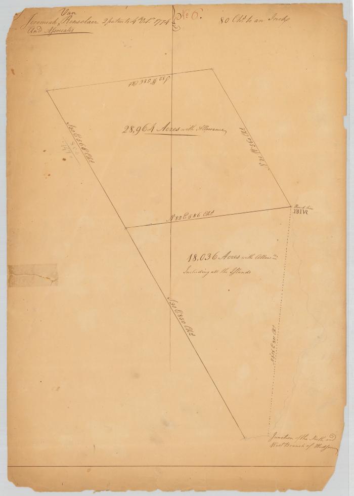 Survey of land for J. Van Rensselaer. 1774, 28,964 acres and 18,036 acres and allowance, including all islands. Map #605