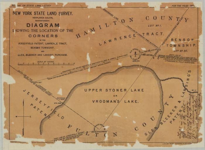 Corner Location of Benson Township, Jerseyfield Patent and Lawrence Patent. Map #512