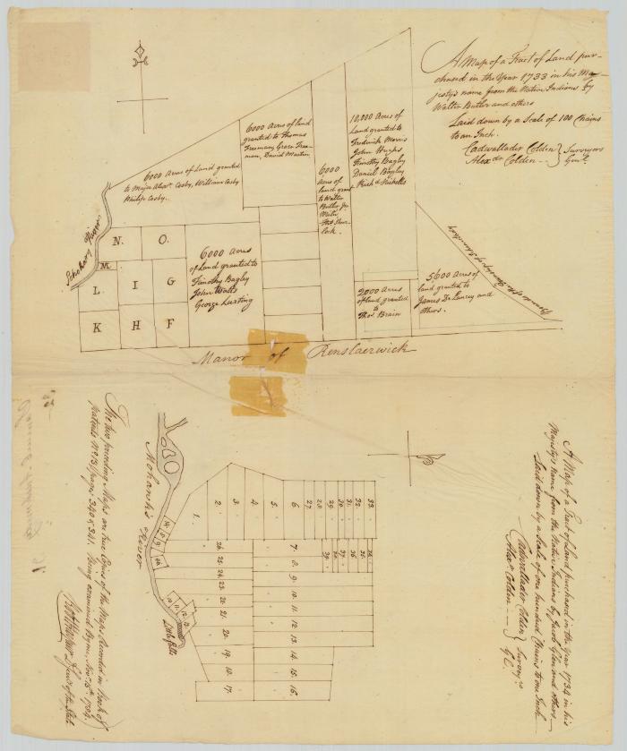 2 maps of lands bought of Indians by Walter Butler, Jacob Glen and others in 1733 and 1734. Map #629