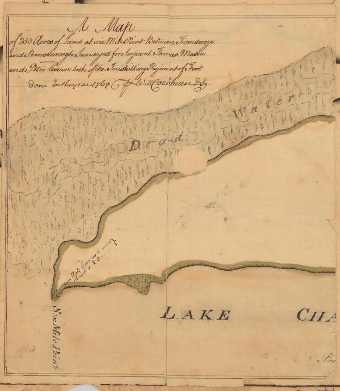 Small map attatched to Map #704. 250 acres of land at Six Mile Point for Thomas Mason and Peter Carean. Map #704A