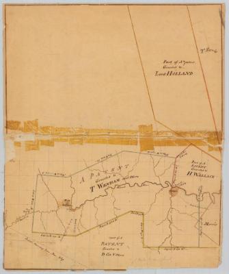 Map of Thomas Wenham's grant on Mohawk river (Oriskany patent ); also land north of Cosby's Manor. Map #886A