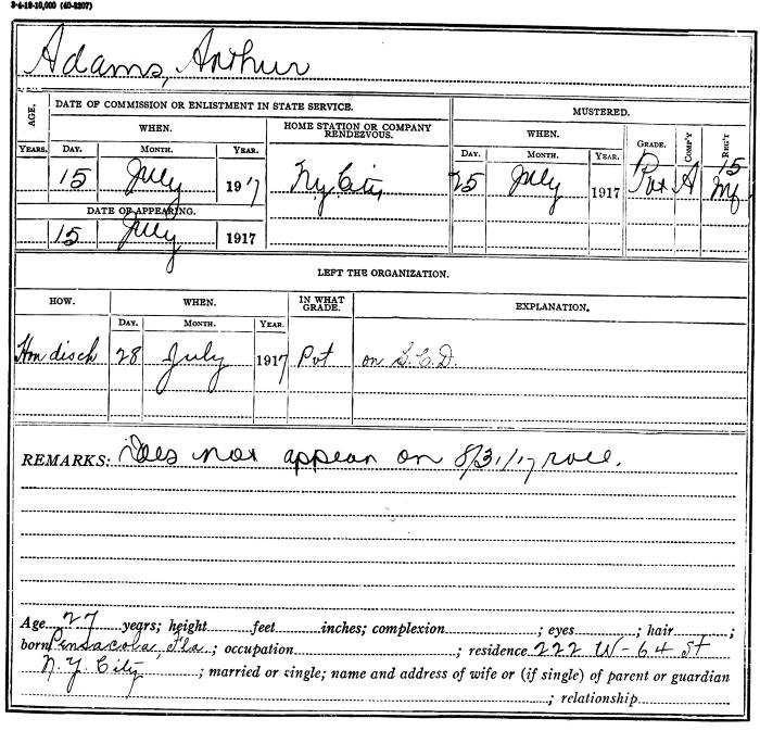 National Guard Muster Roll Abstract for World War I. Volume 38, Section A: Adams, Arthur