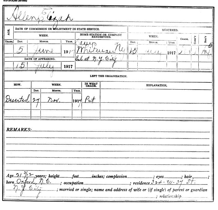 National Guard Muster Roll Abstract for World War I. Volume 38, Section A: Allen, Elijah