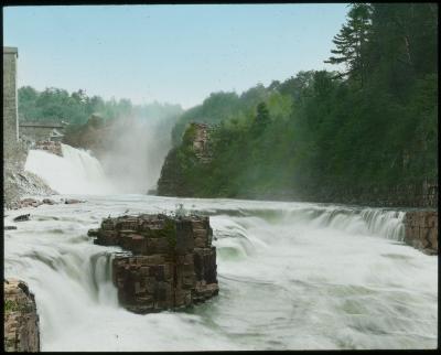 Ausable Chasm. Horseshoe Falls with Rainbow Falls in the Distance