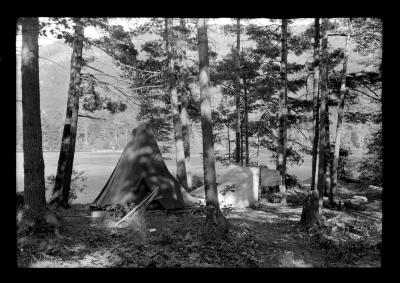 Camping on Commission Island, Lake George August 1918, Clinton G. Abbott and W.S. Carpenter, Jr., Mr. &amp; Mrs. McLean; Sara McLean, Mr. &amp; Mrs. Abbott