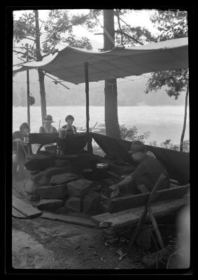 Camping on Commission Island, Lake George August 1918, Clinton G. Abbott and W.S. Carpenter, Jr., Mr. &amp; Mrs. McLean; Sara McLean, Mr. &amp; Mrs. Abbott