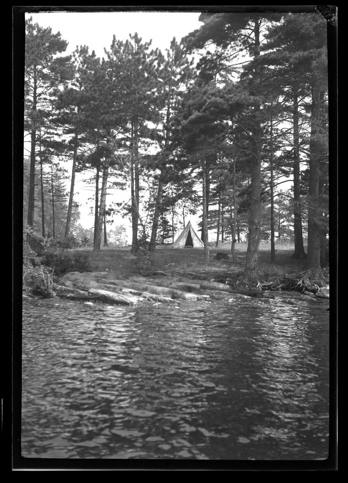 Camp on Juanita Island, Lake George Showing Tent Platforms and Campers